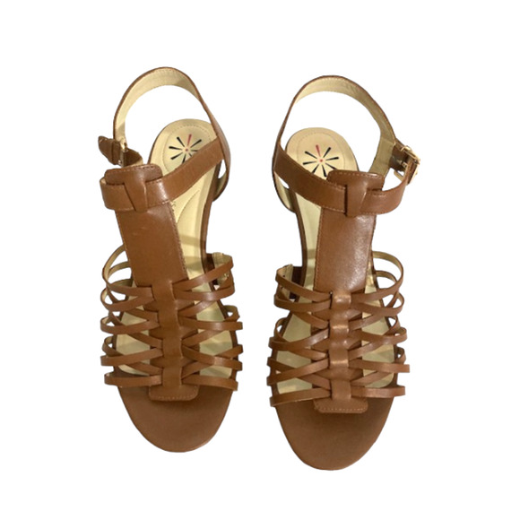 Brown LEATHER Wedge Sandal - Isaac Mizrahi Live! SIMMER - Women's US 10W - Picture 2 of 7
